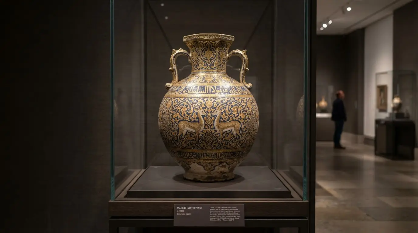 Nasrid gold-and-cobalt lustreware Vase of the Gazelles, a tall globular storage jar with wing-shaped loop handles, a confronted pair of gazelles in gold lustre on the upper body, dense vegetal arabesque and kufic inscription bands, narrow flat base, displayed under gallery lighting in the Alhambra Museum