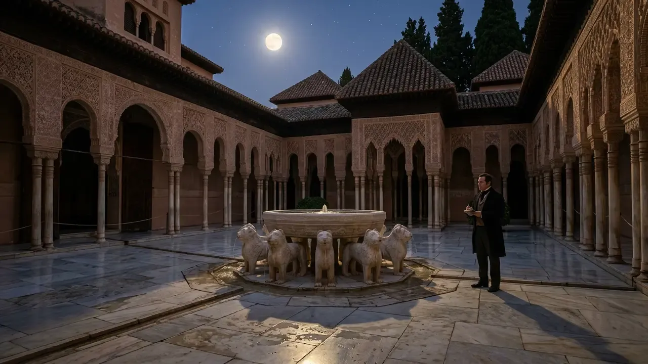 Washington Irving Alhambra scene at dusk: a moonlit view of the Patio de los Leones with marble lion fountain, 124 columns casting long shadows, evoking the Romantic atmosphere of 1829 when Irving wrote Tales of the Alhambra