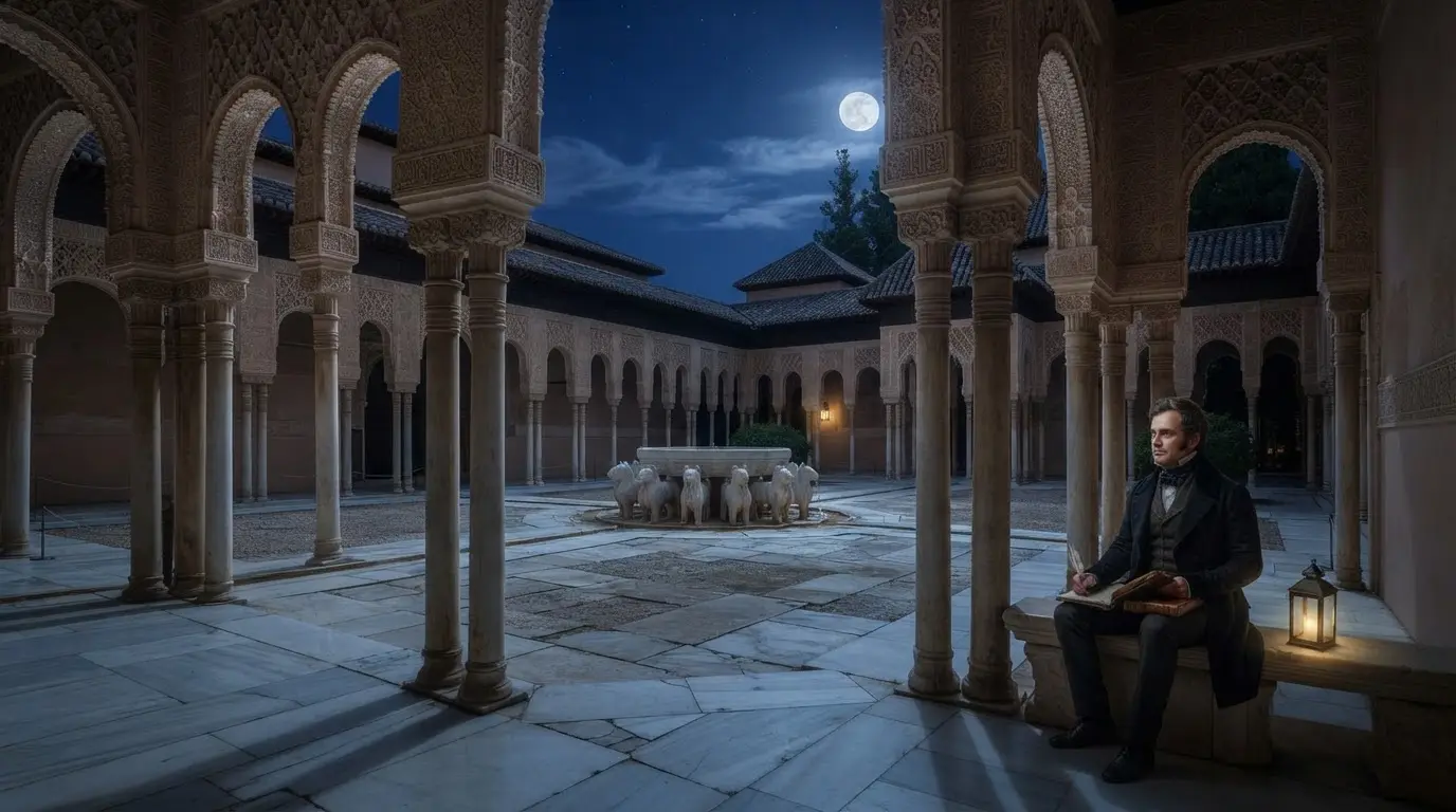 Washington Irving Alhambra scene at dusk: a moonlit view of the Patio de los Leones with marble lion fountain, 124 columns casting long shadows, evoking the Romantic atmosphere of 1829 when Irving wrote Tales of the Alhambra