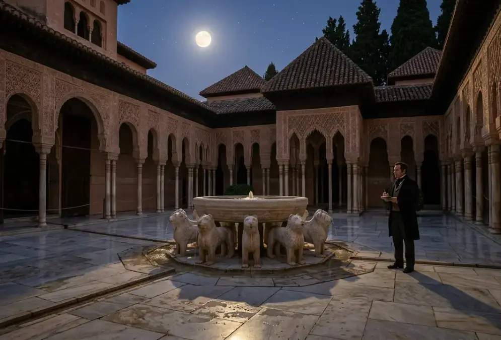 Washington Irving Alhambra scene at dusk: a moonlit view of the Patio de los Leones with marble lion fountain, 124 columns casting long shadows, evoking the Romantic atmosphere of 1829 when Irving wrote Tales of the Alhambra
