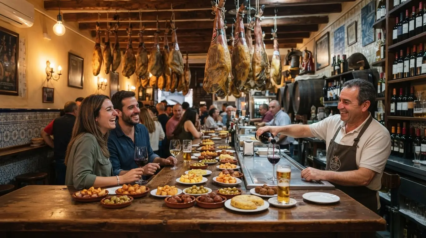 Why Granada tapas are free — a bar counter in Granada showing jamón legs hanging from ceiling, free tapa plates and wine glasses lined up, traditional bodega interior in warm evening light