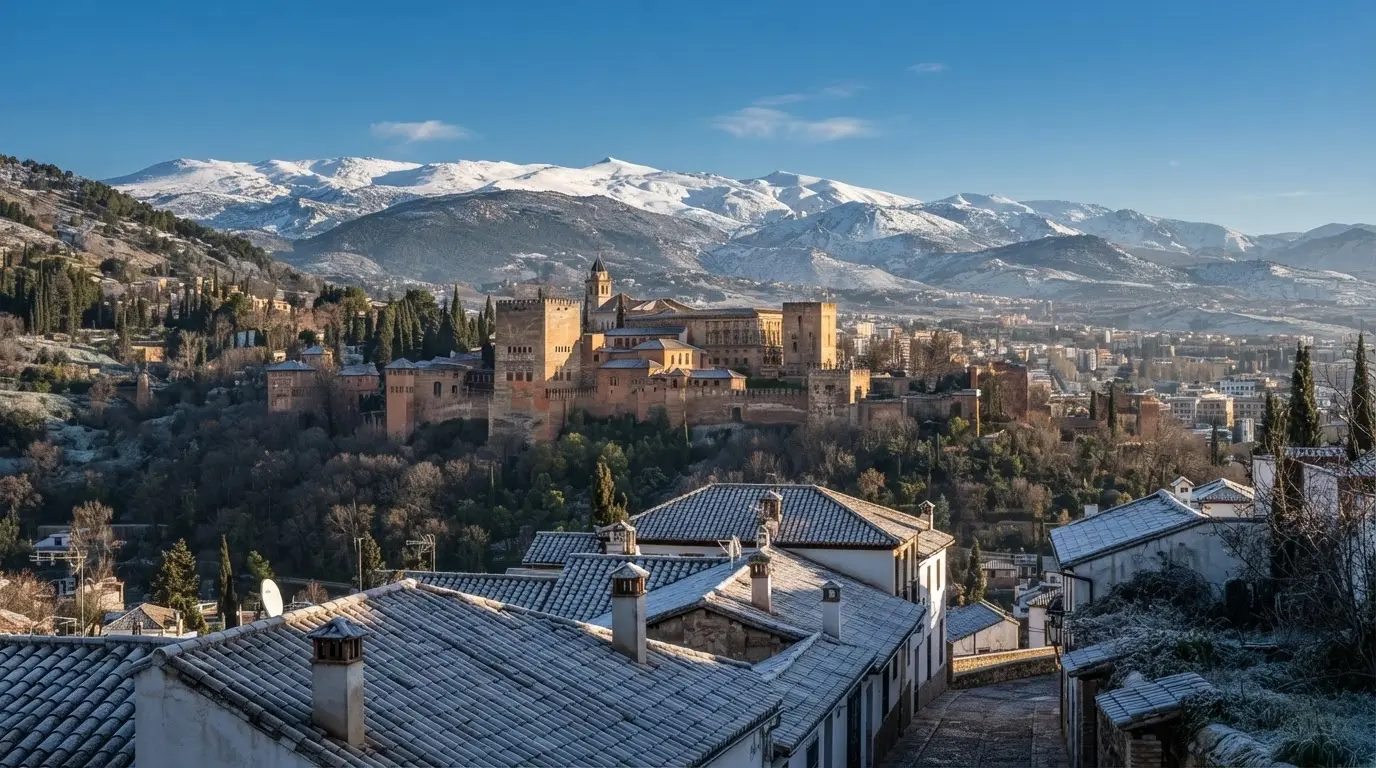 Snow-capped Sierra Nevada peaks rising behind the Alhambra's red towers on a clear winter morning, frost visible on nearby rooftops — why is Granada so cold