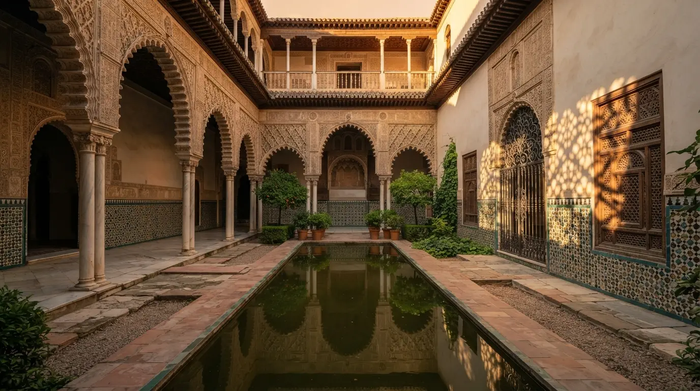 Ornate courtyard arches and tiled walls inside the Nasrid Palaces of the Alhambra, evoking the women of the Alhambra Nasrid harem history that court chroniclers left mostly unrecorded, Granada, Spain