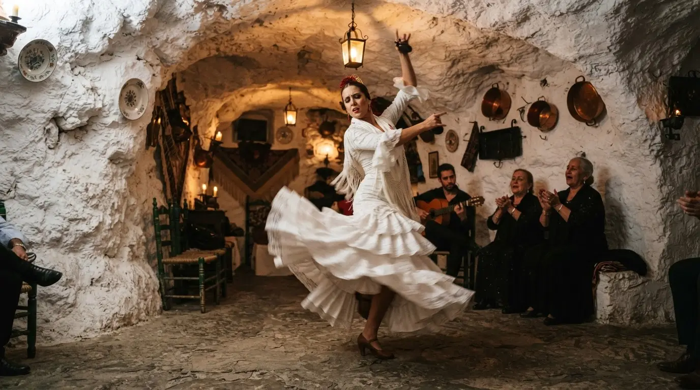 Zambra cave flamenco performance in Sacromonte Granada, dancer in white dress mid-step inside a whitewashed limestone cave with low vaulted ceiling and warm lantern light