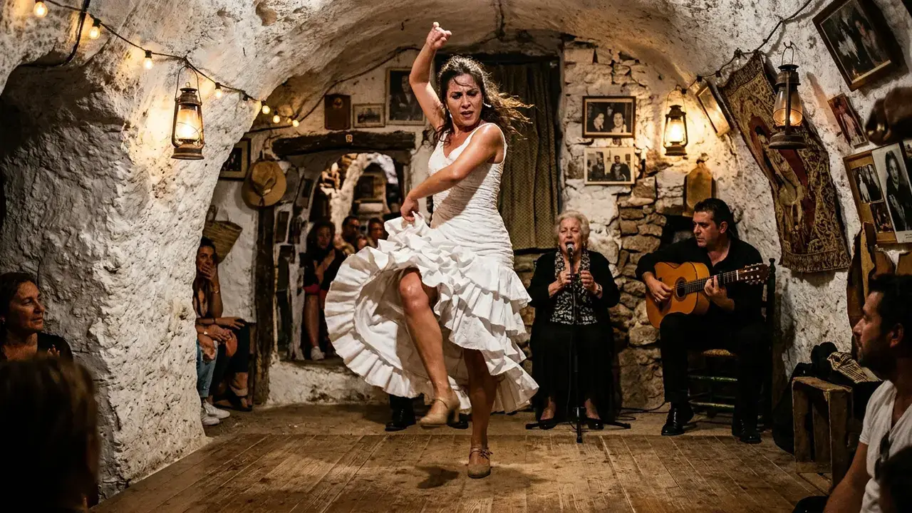 Zambra cave flamenco performance in Sacromonte Granada, dancer in white dress mid-step inside a whitewashed limestone cave with low vaulted ceiling and warm lantern light