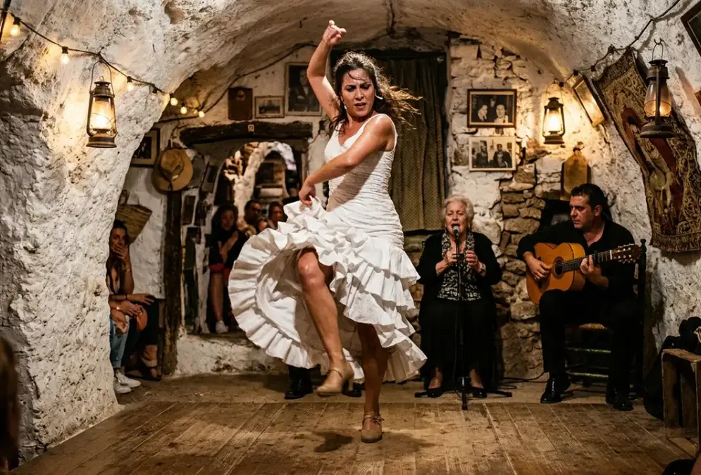 Zambra cave flamenco performance in Sacromonte Granada, dancer in white dress mid-step inside a whitewashed limestone cave with low vaulted ceiling and warm lantern light