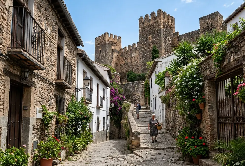 Medieval stone towers and narrow winding streets of Granada's Albaicín quarter, the site of the Zirid dynasty's alcazaba cadima fortress, with dark stone walls and green vegetation against a bright Spanish sky