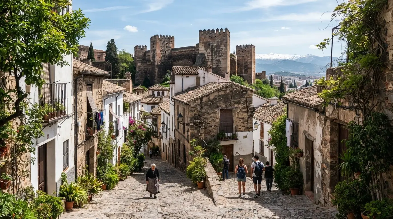 Medieval stone towers and narrow winding streets of Granada's Albaicín quarter, the site of the Zirid dynasty's alcazaba cadima fortress, with dark stone walls and green vegetation against a bright Spanish sky