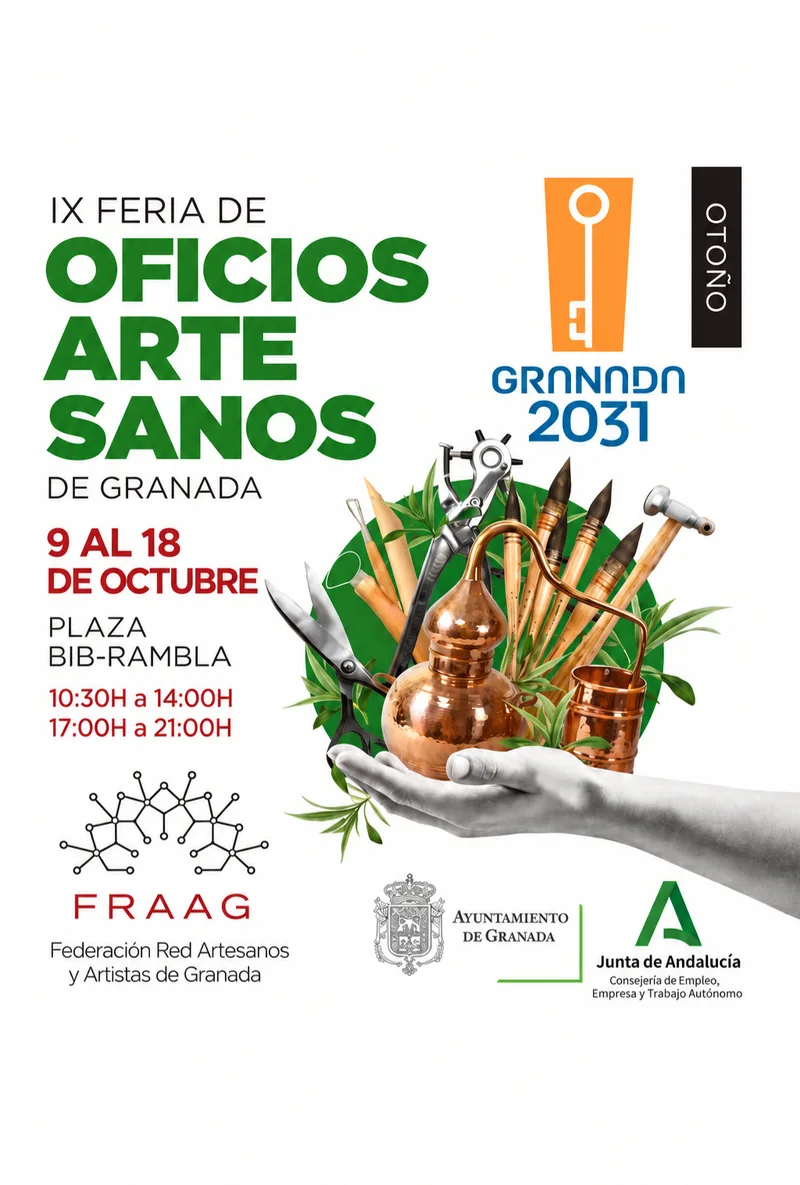 IX Feria de Oficios Artesanos de Granada official poster: 9–18 October, Plaza Bib-Rambla, with copper still, leather punch and brushes held in an open hand